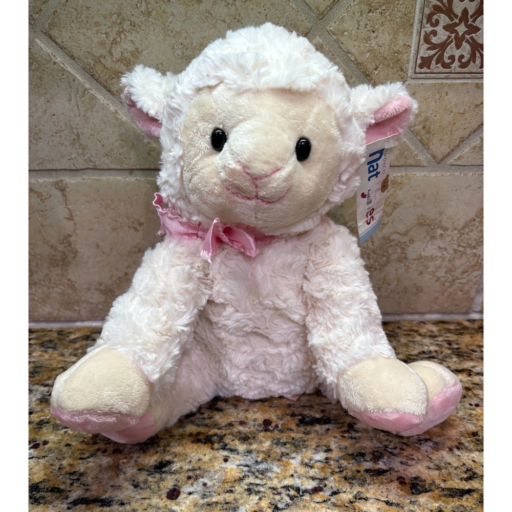 2013 Nat & Jules Larissa Lamb Plush Demdaco Cream Sheep Pink Ribbon 12"